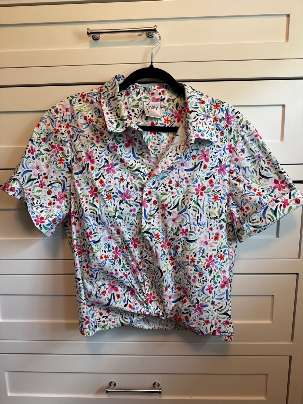 Finley White Floral Short-Sleeve Button Down Shirt with Multicolor Print